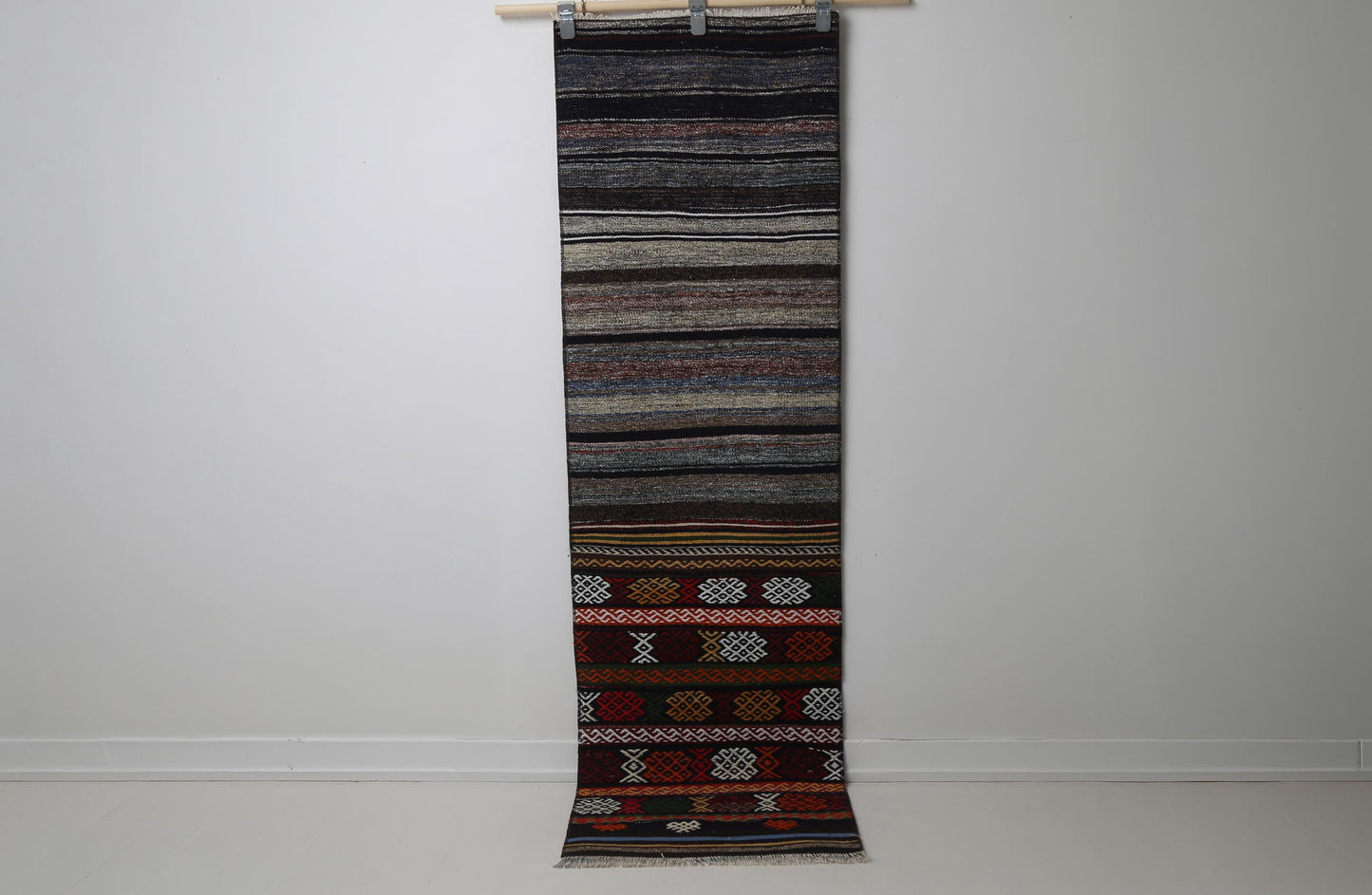 Vintage Turkish Kilim Runner Rug, Handmade Wool Flatweave Hallway Rug