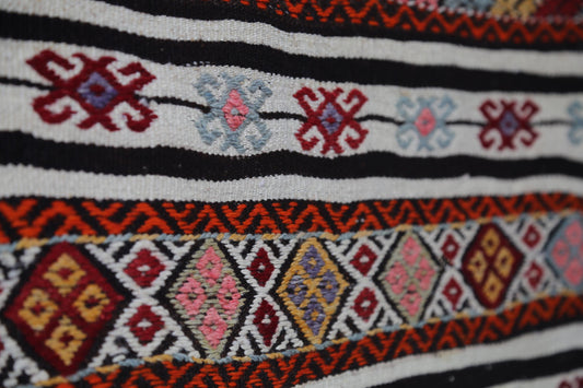 Vintage Turkish Kilim Rug, Handwoven Wool Flatweave Doormat, Multicolor Stripes