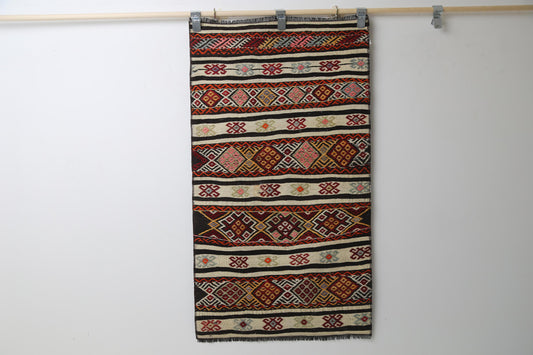 Vintage Turkish Kilim Rug, Handwoven Wool Flatweave Doormat, Multicolor Stripes