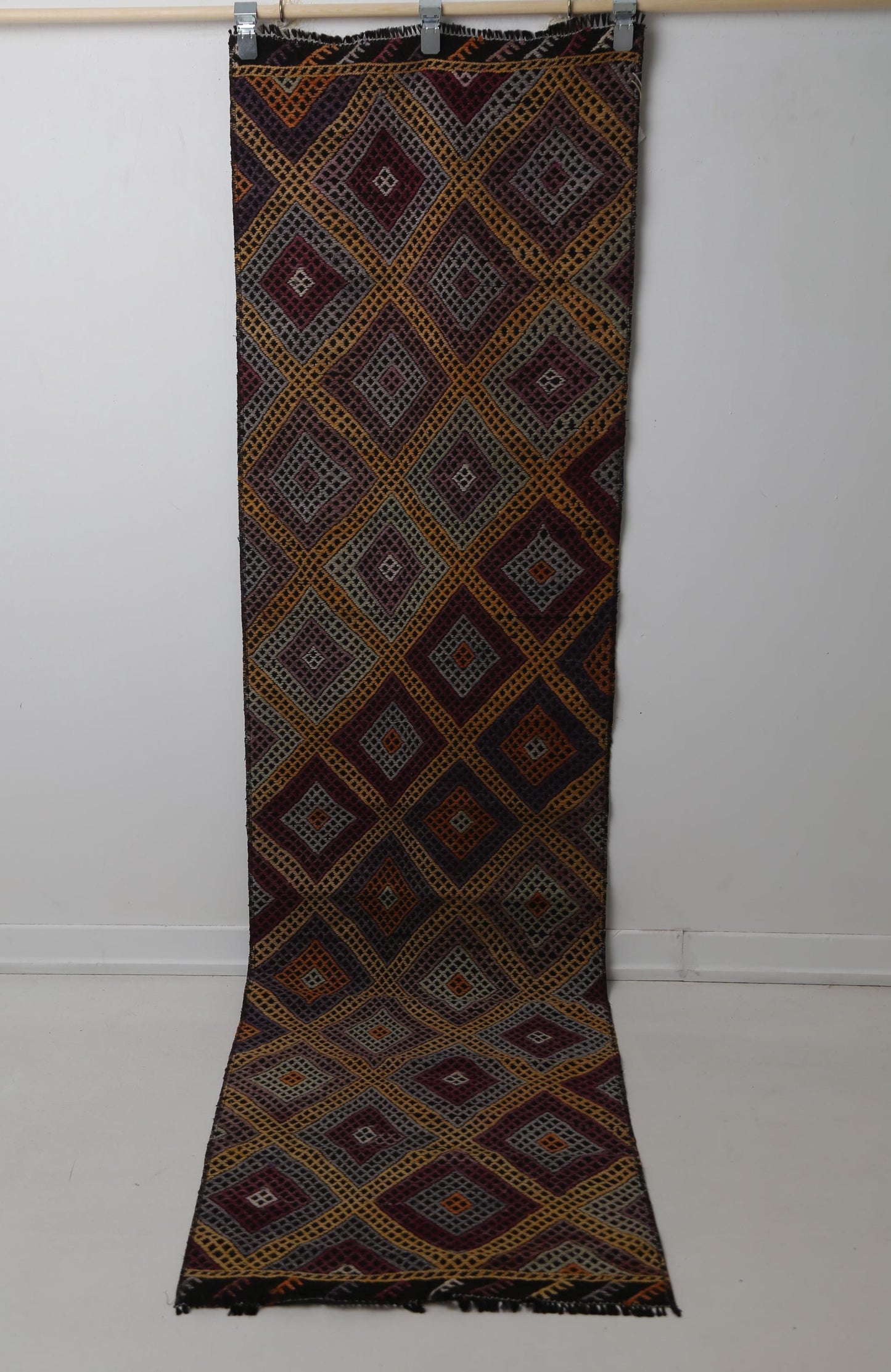 Vintage Turkish Kilim Runner Rug, Handmade Wool Geometric Orange Hallway Carpet