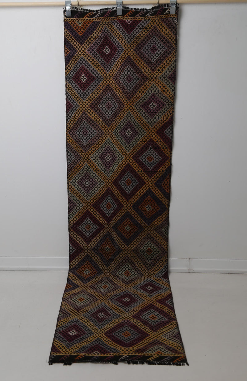 Vintage Turkish Kilim Runner Rug, Handmade Wool Geometric Orange Hallway Carpet