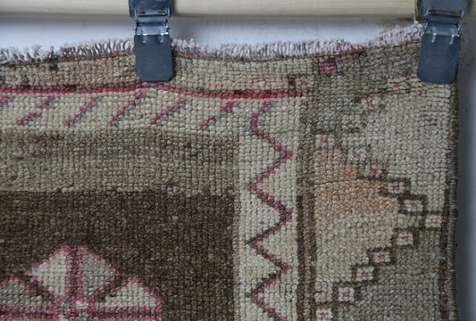 Vintage Wool Oriental Doormat Rug, Brown Beige Small Entryway Accent (1'11" x 3'7")