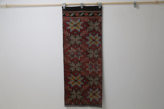 Vintage Turkish Kilim Runner Rug, Handmade Wool Red Floral Hallway Rug