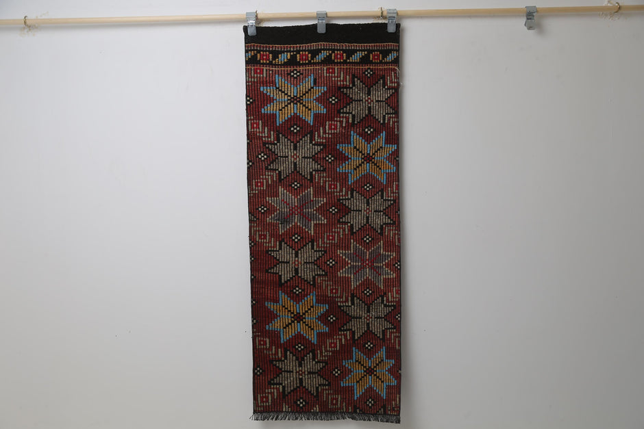  Vintage Turkish Kilim Runner Rug, red floral full view