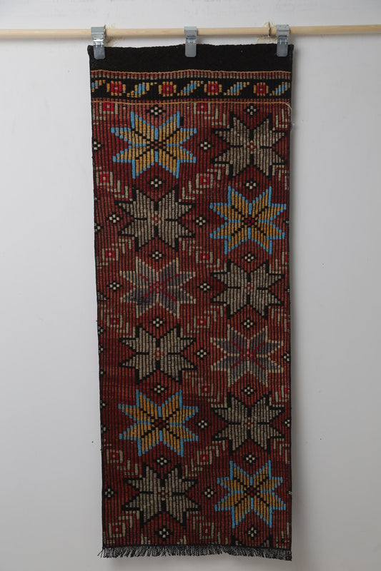 Vintage Turkish Kilim Runner Rug, Handmade Wool Red Floral Hallway Rug