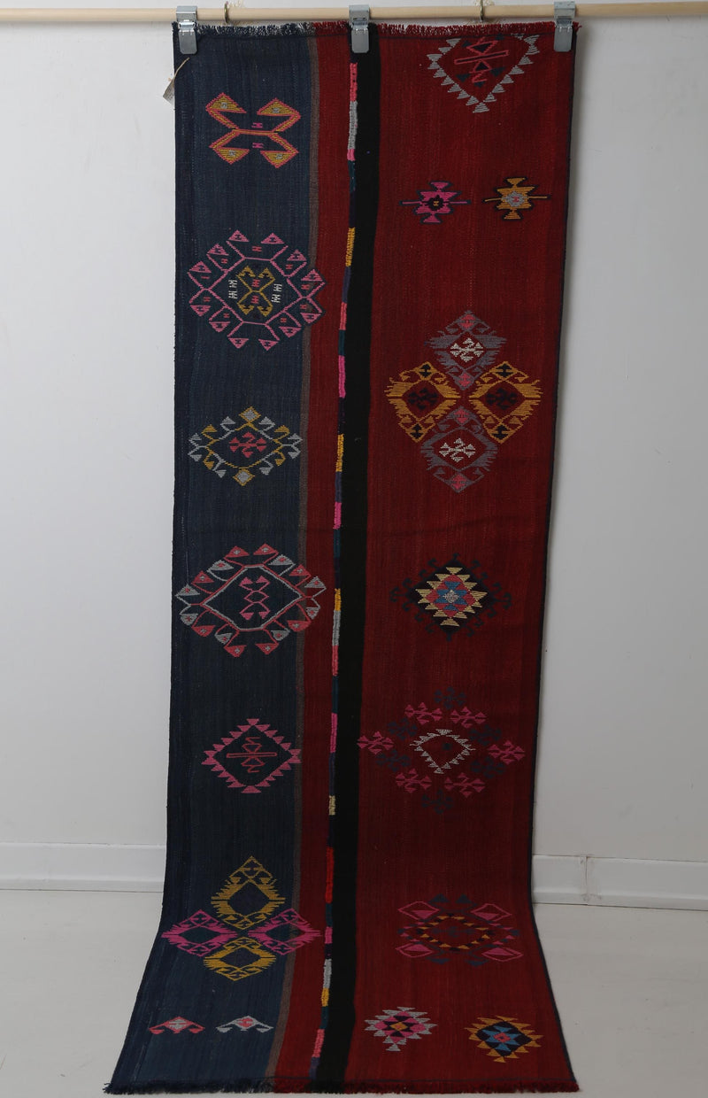 Vintage Turkish Kilim Runner Rug, Handmade Wool Tribal Hallway Rug