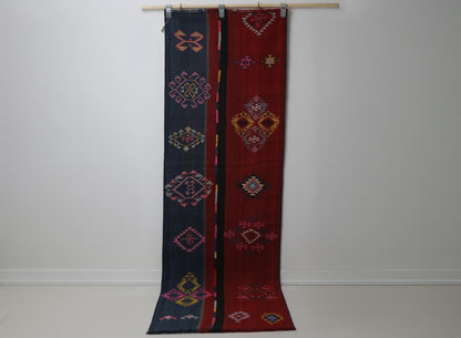 Vintage Turkish Kilim Runner Rug, red brown tribal full view