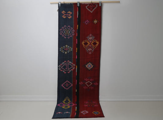 Vintage Turkish Kilim Runner Rug, Handmade Wool Tribal Hallway Rug