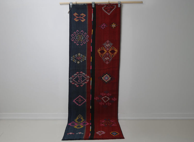 Vintage Turkish Kilim Runner Rug, Handmade Wool Tribal Hallway Rug