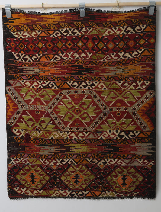 3'3 x 4'2 Vintage Turkish Kilim Rug, Handmade Wool Multicolor Tribal Flatweave Area Rug
