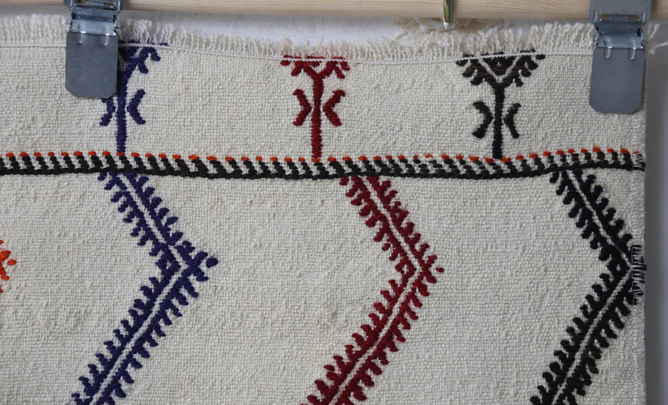 Side perspective, pattern arrangement, striped kilim doormat