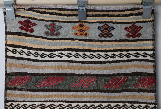 1'10 x 3'9 Vintage Turkish Kilim Runner, Handmade Wool Multicolor Striped Tribal Rug