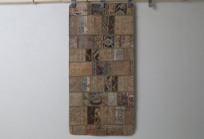 1'11" x 4'1" Vintage Turkish Patchwork Rug, beige brown doormat front view