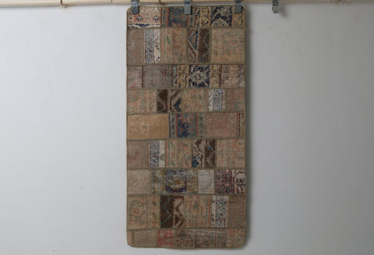 1'11 x 4'1 Vintage Turkish Patchwork Rug, Handmade Wool Cotton Beige Brown Doormat