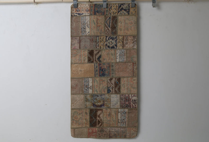 1'11 x 4'1 Vintage Turkish Patchwork Rug, Handmade Wool Cotton Beige Brown Doormat