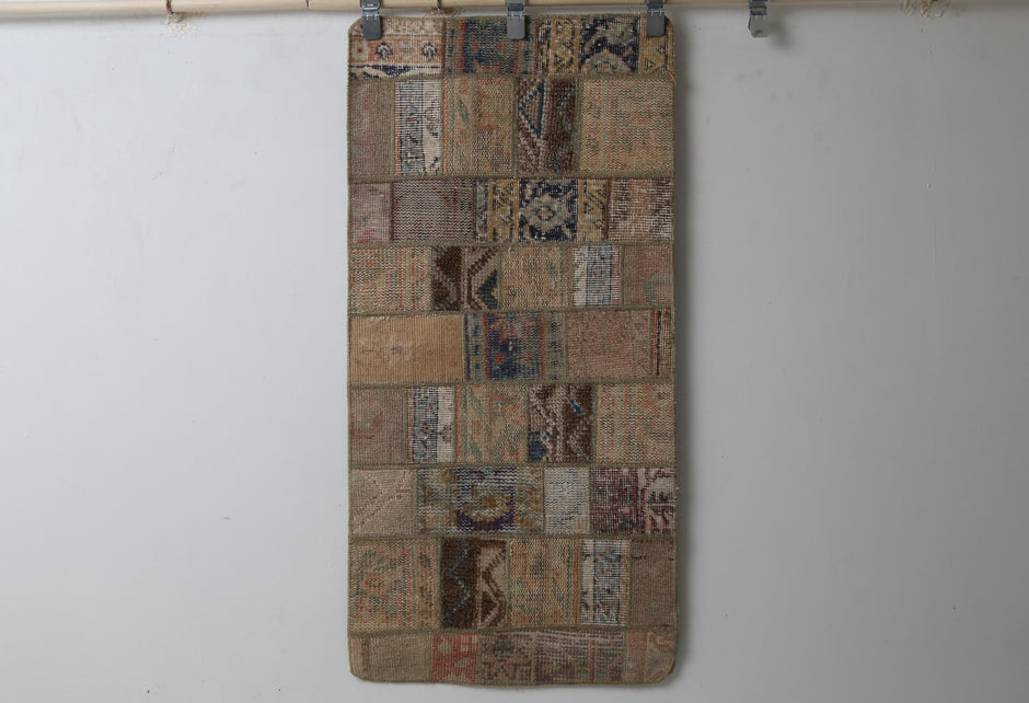 1'11" x 4'1" Vintage Turkish Patchwork Rug, beige brown doormat front view