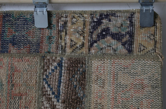 1'11 x 4'1 Vintage Turkish Patchwork Rug, Handmade Wool Cotton Beige Brown Doormat