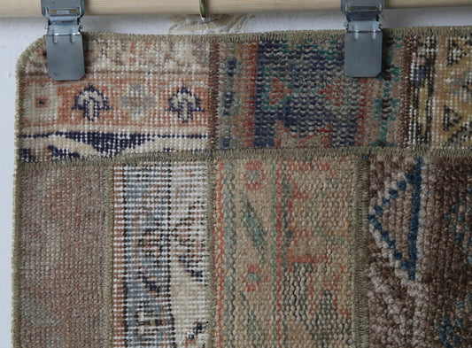 1'11 x 4'1 Vintage Turkish Patchwork Rug, Handmade Wool Cotton Beige Brown Doormat