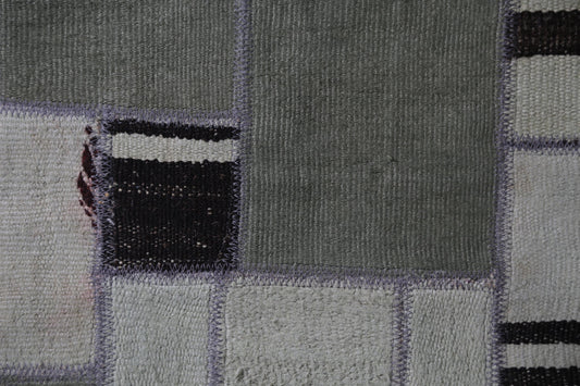 Vintage Turkish Hemp Wool Patchwork Doormat Rug, Green Minimal Rustic Entry Rug