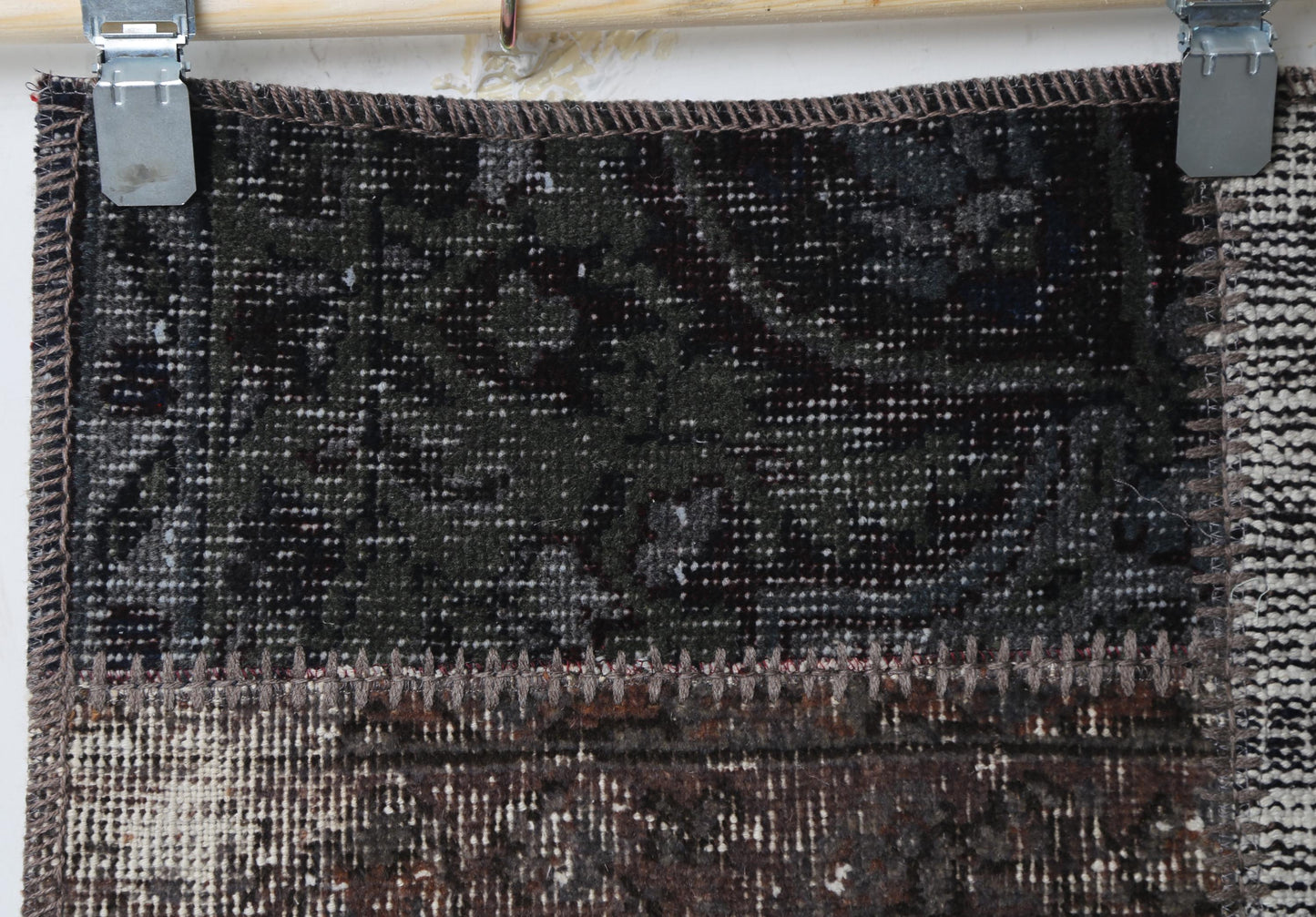Vintage Patchwork Doormat Rug, Handmade Wool Cotton Black Brown Distressed Entry Rug