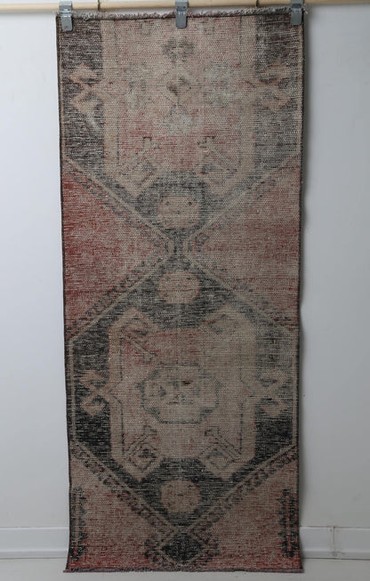 Vintage Turkish Runner Rug, Handmade Wool Cotton, Orange Beige Black Hallway Home