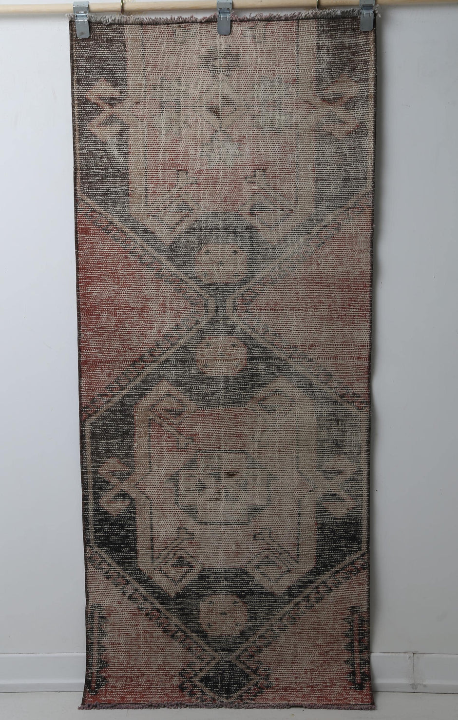 Vintage Turkish Runner Rug, Handmade Wool Cotton, Orange Beige Black Hallway Home