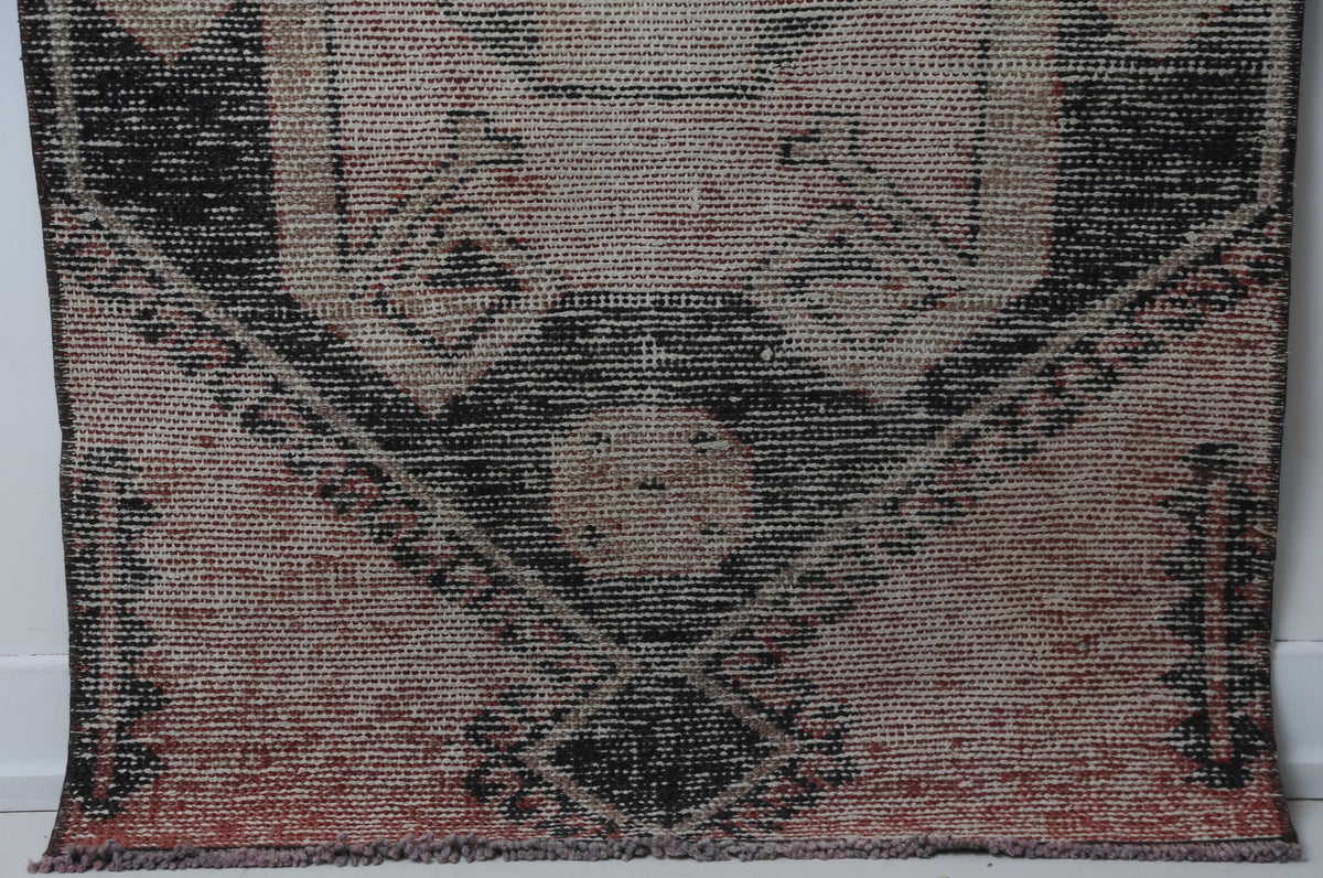 Vintage Turkish Runner Rug, Handmade Wool Cotton, Orange Beige Black Hallway Home