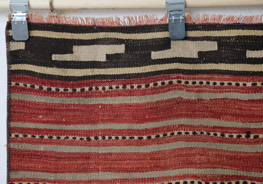 Vintage Turkish Kilim Rug, Handwoven Wool Entryway Doormat, Red Multicolor Stripes