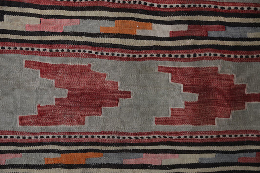 Vintage Turkish Kilim Rug, Handwoven Wool Entryway Doormat, Red Multicolor Stripes