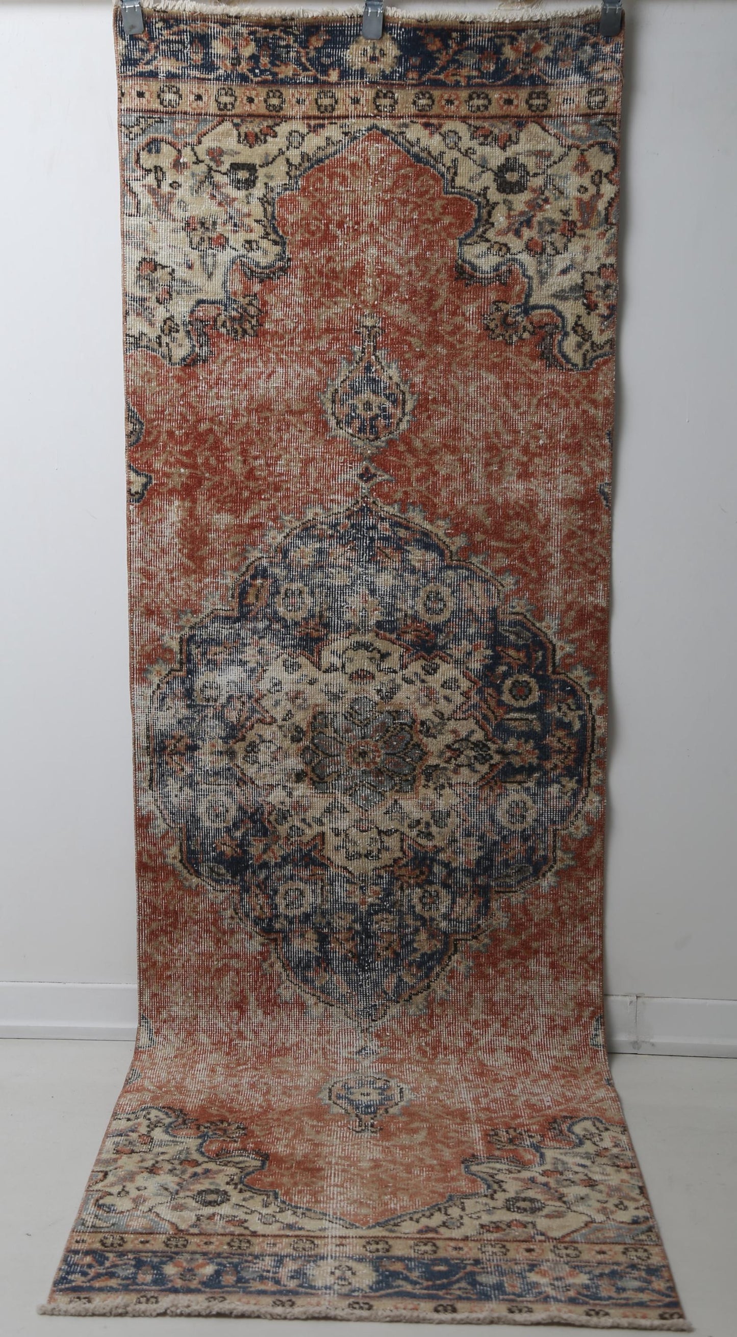 2'8 x 8'6 Vintage Turkish Runner Rug, Handmade Wool Cotton Orange Beige Hallway Rug