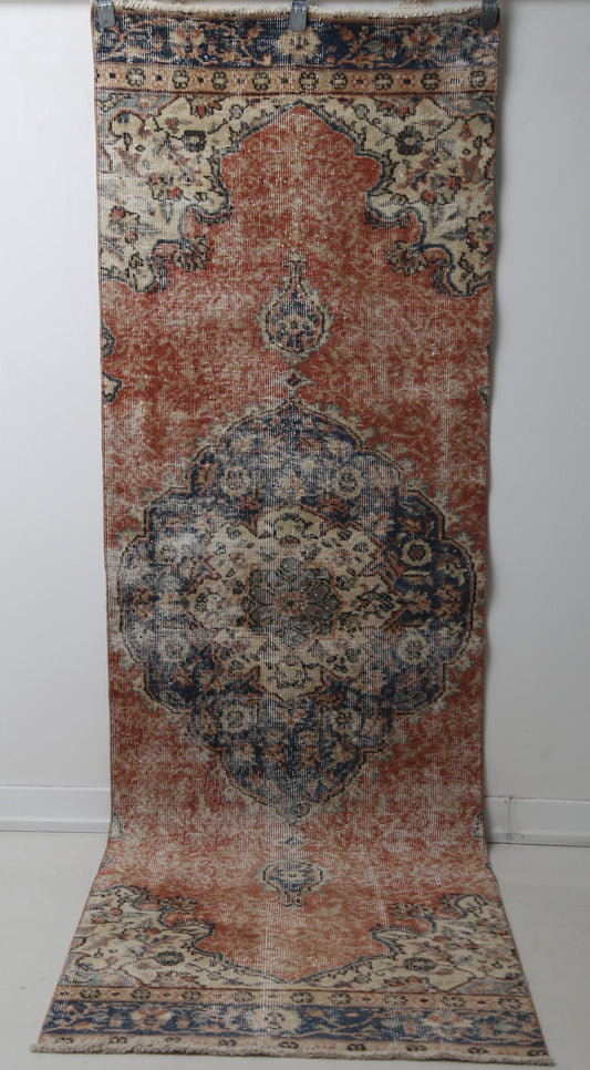 2'8 x 8'6 Vintage Turkish Runner Rug, Handmade Wool Cotton Orange Beige Hallway Rug
