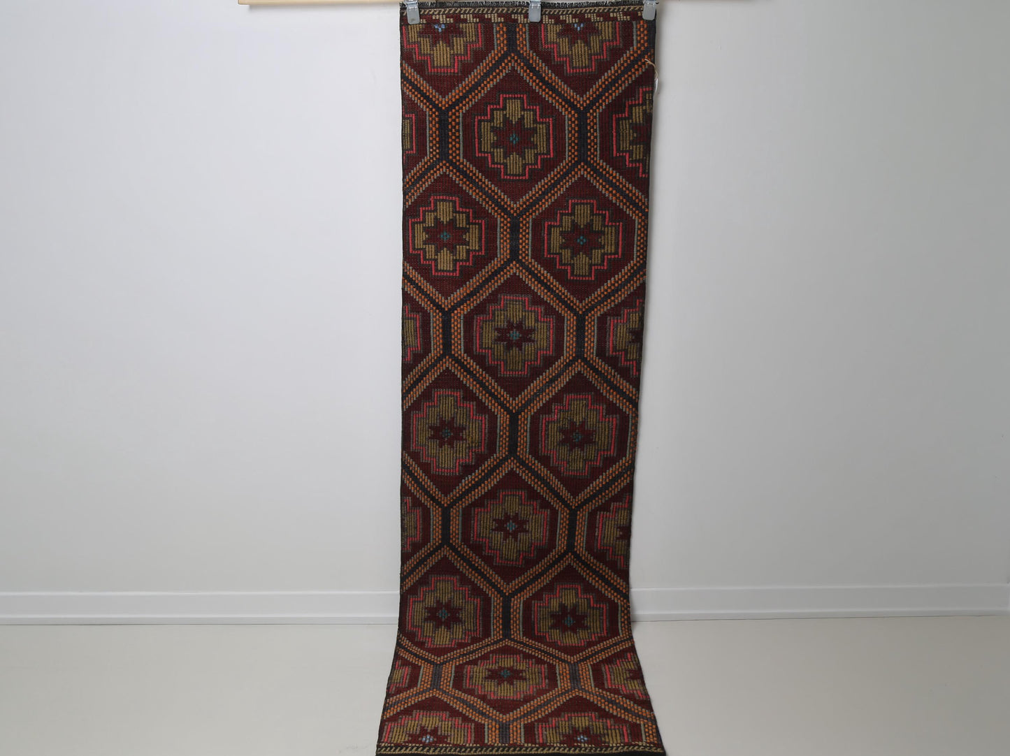 Vintage Turkish Kilim Runner Rug, Handmade Wool Oriental Geometric Hallway Runner