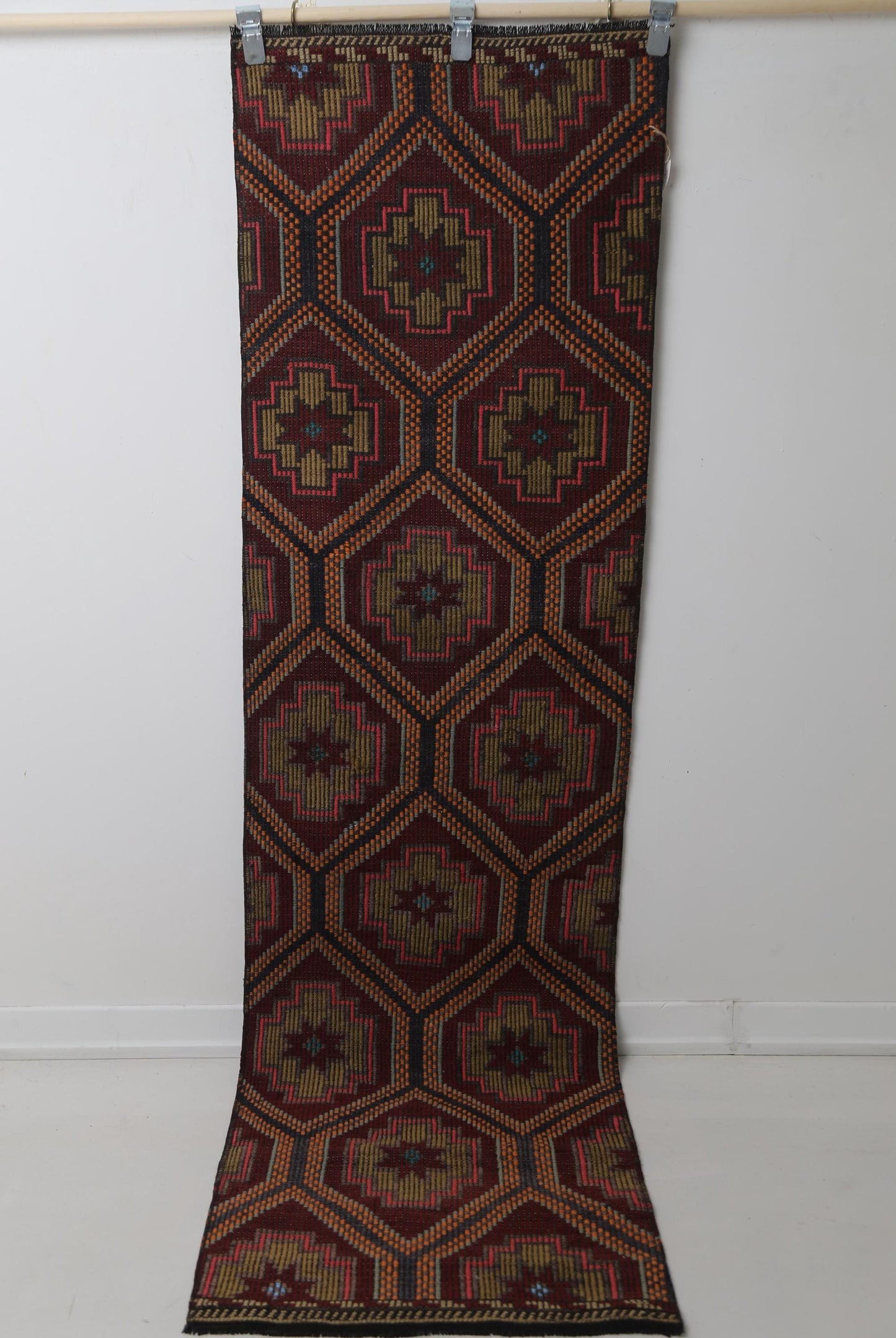 Vintage Turkish Kilim Runner Rug, Handmade Wool Oriental Geometric Hallway Runner