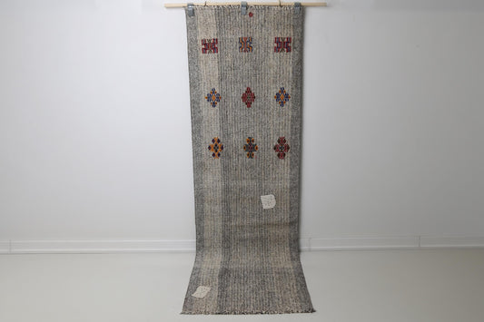 Vintage Turkish Kilim Runner Rug, Beige Black Wool Flatweave Hallway Carpet