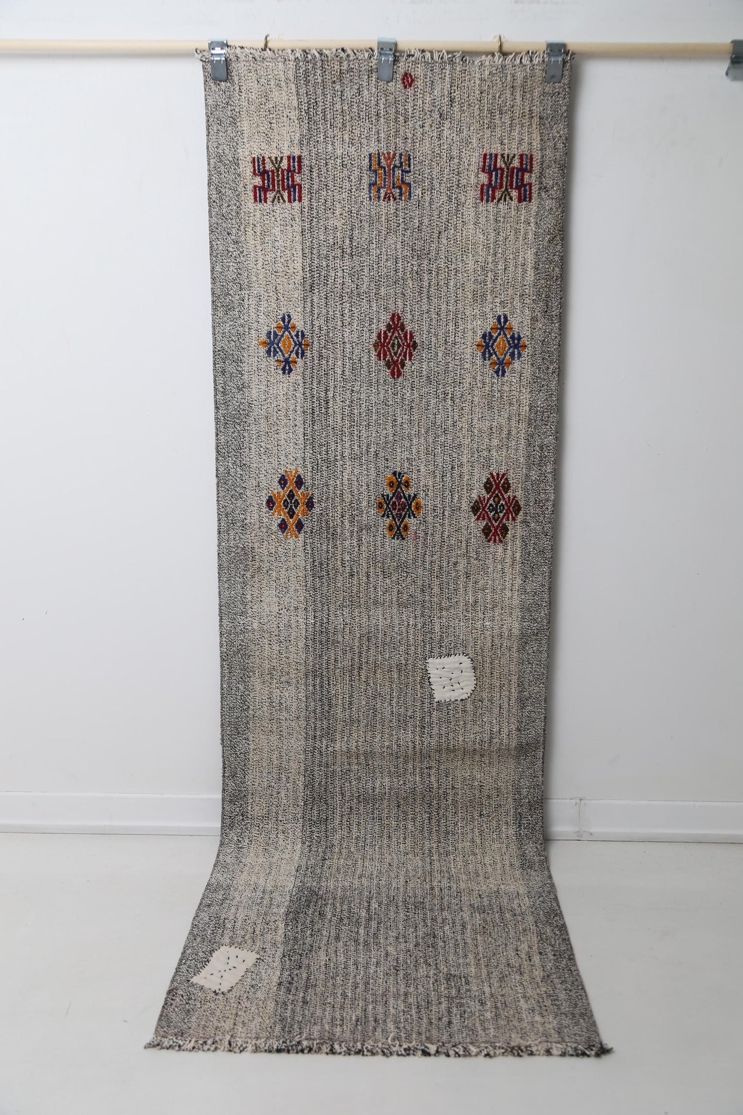 Vintage Turkish Kilim Runner Rug, Beige Black Wool Flatweave Hallway Carpet