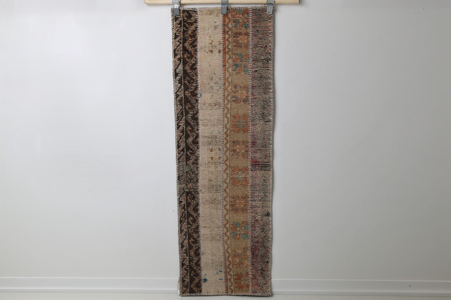 Vintage Turkish Patchwork Runner Rug, Handmade Anatolian Wool Boho Hallway Carpet