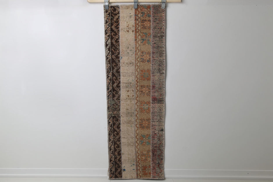 Vintage Turkish Patchwork Runner Rug, red brown tribal full view