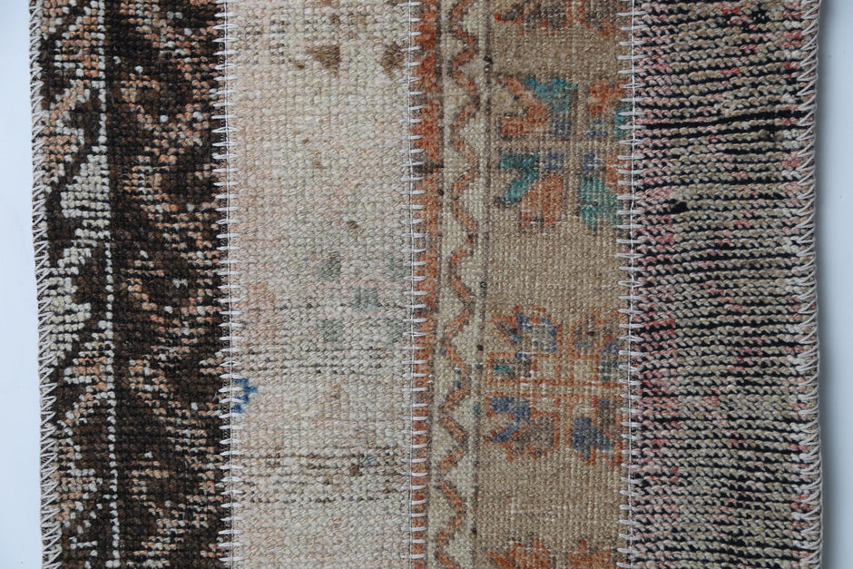 Vintage Turkish Patchwork Runner Rug, Handmade Anatolian Wool Boho Hallway Carpet