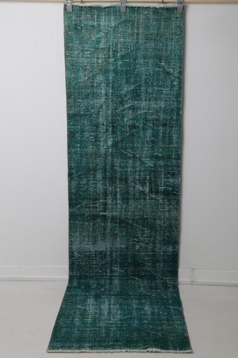 2'4 x 8'7 Vintage Turkish Runner Rug, Green Distressed Wool Cotton Hallway Rug