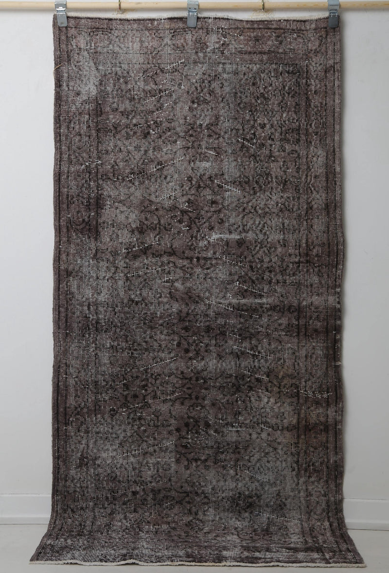 3'3 x 6'9 Vintage Turkish Rug, Brown Black Distressed Floral Wool Cotton Area Rug