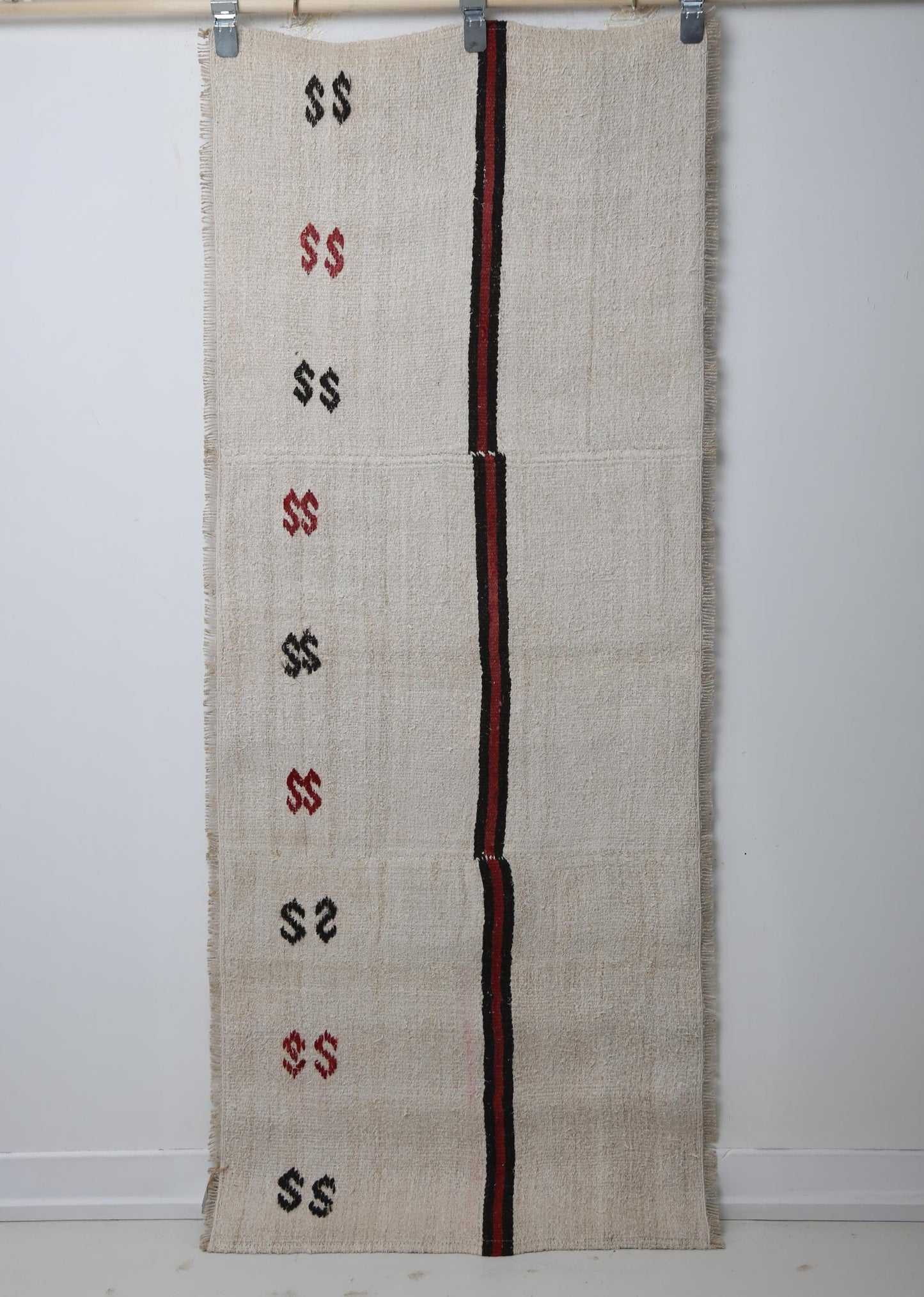 2'4 x 5'11 Vintage Turkish Hemp Runner Rug, Beige Red Black Striped Tribal Hallway Rug