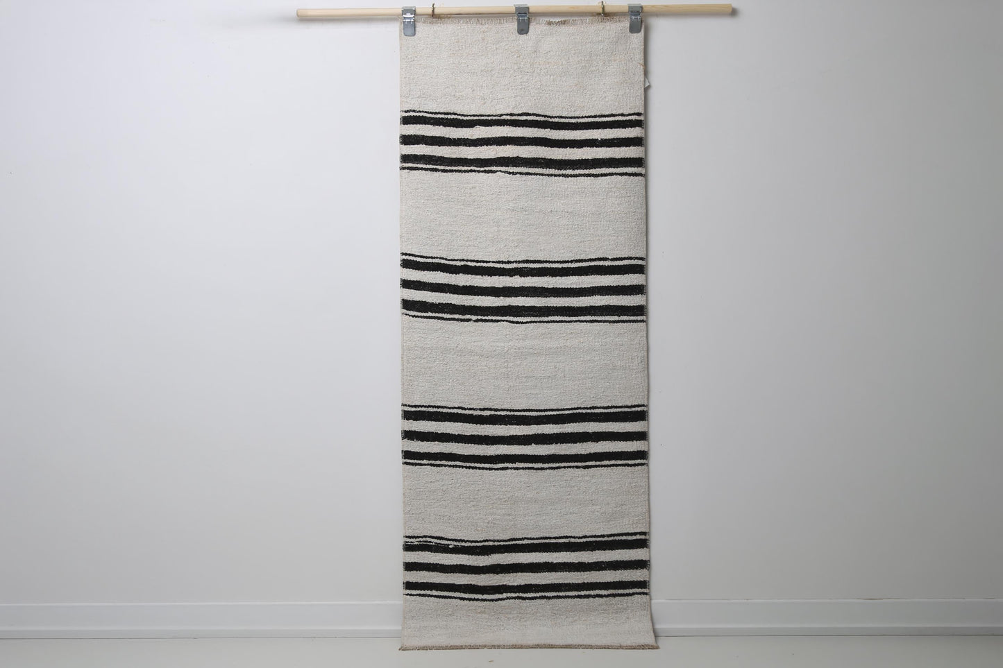 2'3 x 5'10 Vintage Turkish Hemp Runner Rug, White Black Striped Minimal Hallway Rug