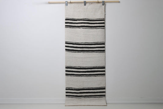 2'3 x 5'10 Vintage Turkish Hemp Runner Rug, White Black Striped Minimal Hallway Rug
