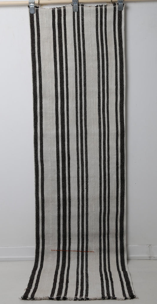 2'0 x 7'7 Vintage Turkish Hemp Runner Rug, White Black Striped Long Hallway Rug