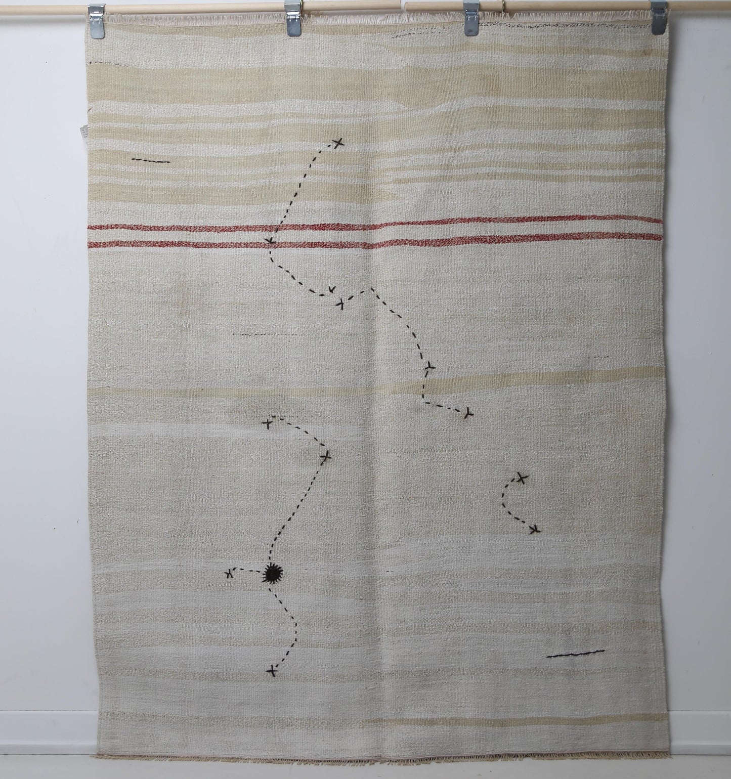 4'6 x 4'9 Vintage Turkish Hemp Rug, White Beige Red Striped Minimal Square Rug