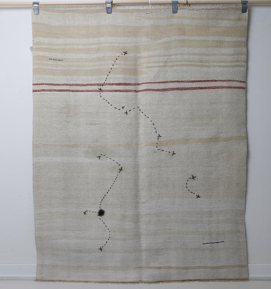 4'6 x 4'9 Vintage Turkish Hemp Rug, White Beige Red Striped Minimal Square Rug
