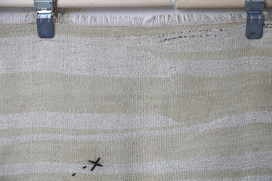 4'6 x 4'9 Vintage Turkish Hemp Rug, White Beige Red Striped Minimal Square Rug