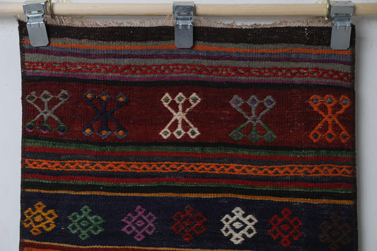Vintage Turkish Kilim Rug, Handwoven Wool Runner, Red Multicolor Stripes