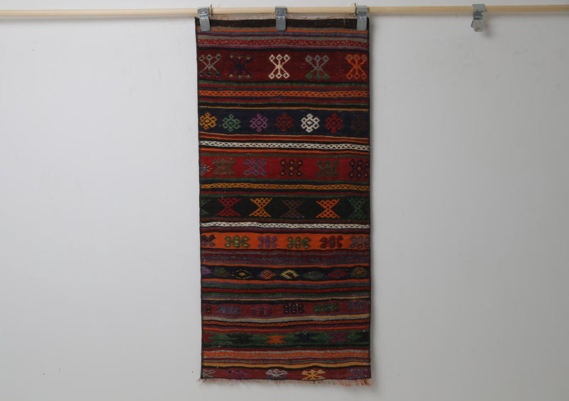 Vintage Turkish Kilim Rug, Handwoven Wool Runner, Red Multicolor Stripes