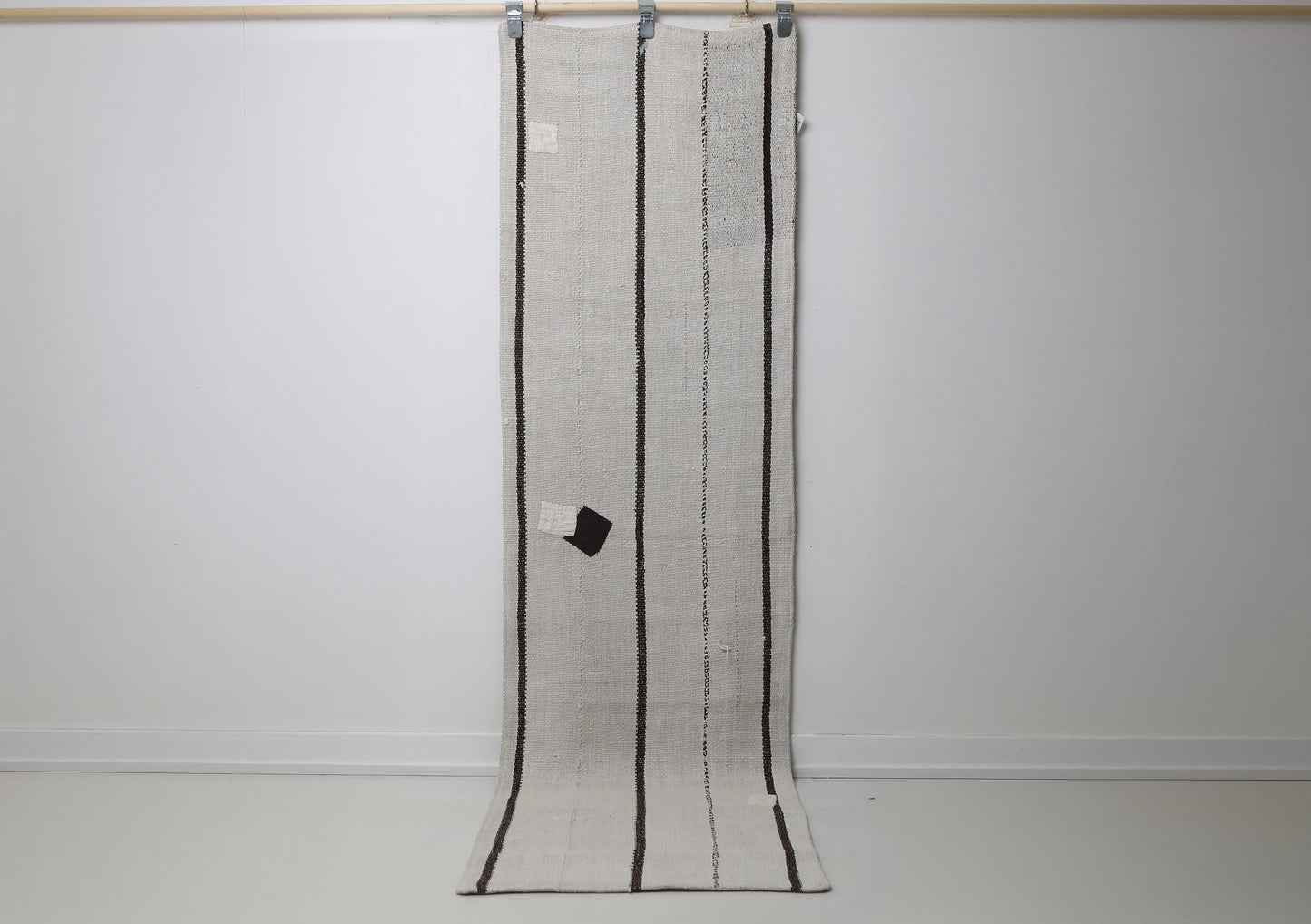 2'2 x 7'10 Vintage Turkish Hemp Runner Rug, White Black Striped Long Hallway Rug